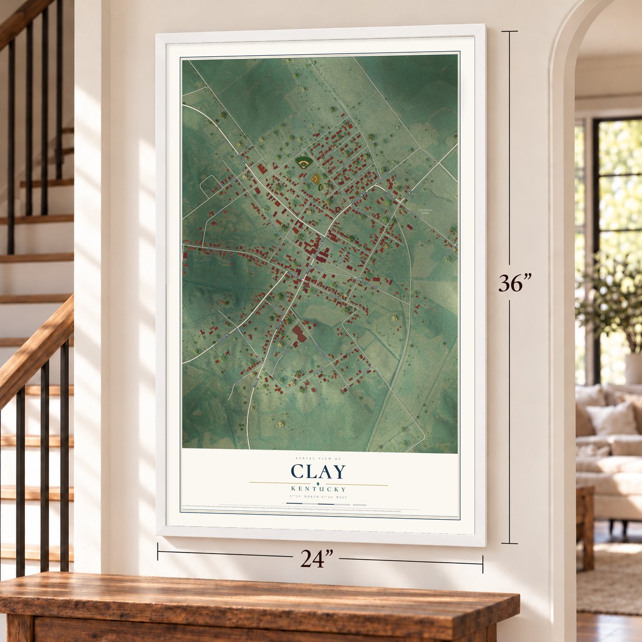 Clay, Kentucky map, 24 x 36 inch print in a white frame by a staircase