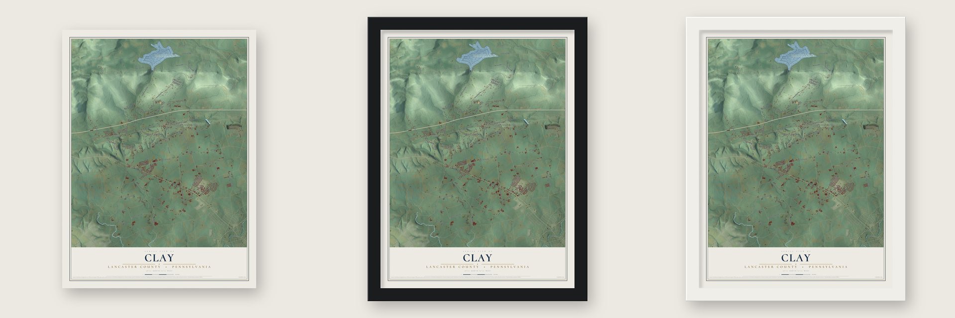 Clay, Lancaster County, Pennsylvania map unframed, in a black wood frame and in a white wood frame