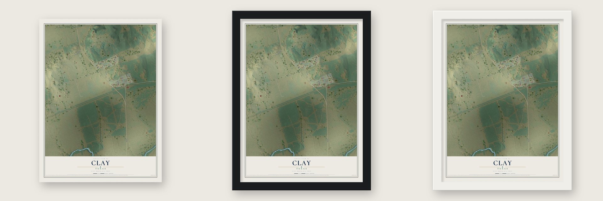 Clay, Texas map unframed, in a black wood frame and in a white wood frame