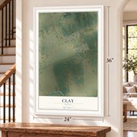 Clay, Texas map, 24 x 36 inch print in a white frame by a staircase