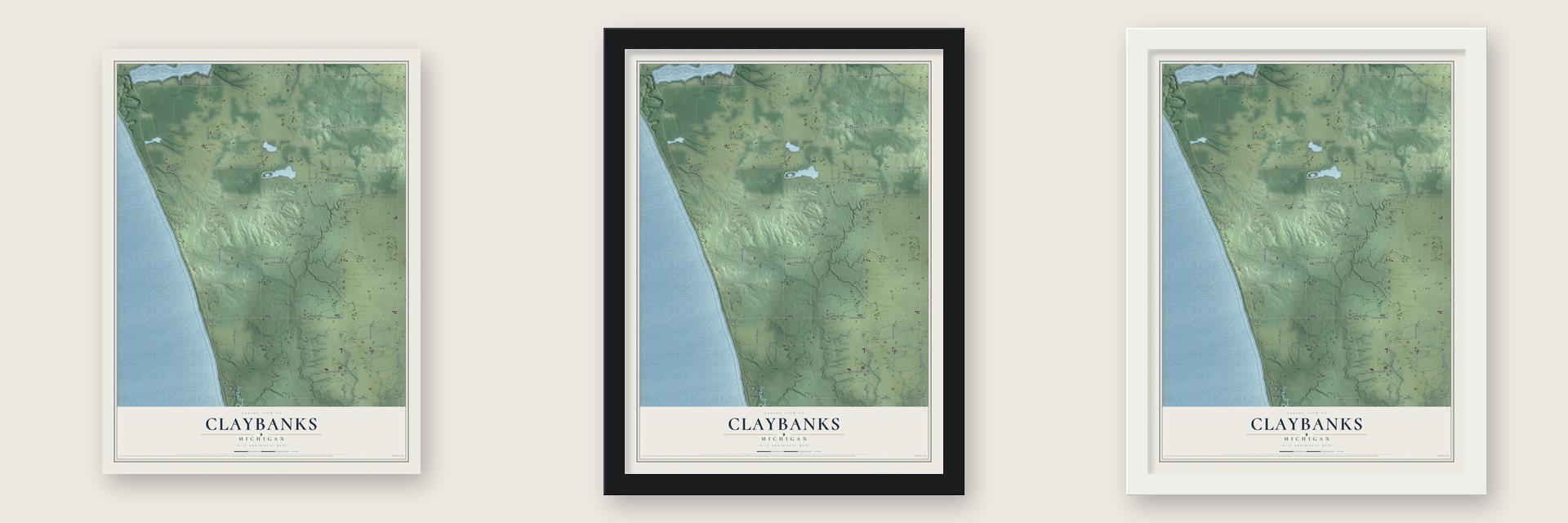 Claybanks, Michigan map unframed, in a black wood frame and in a white wood frame