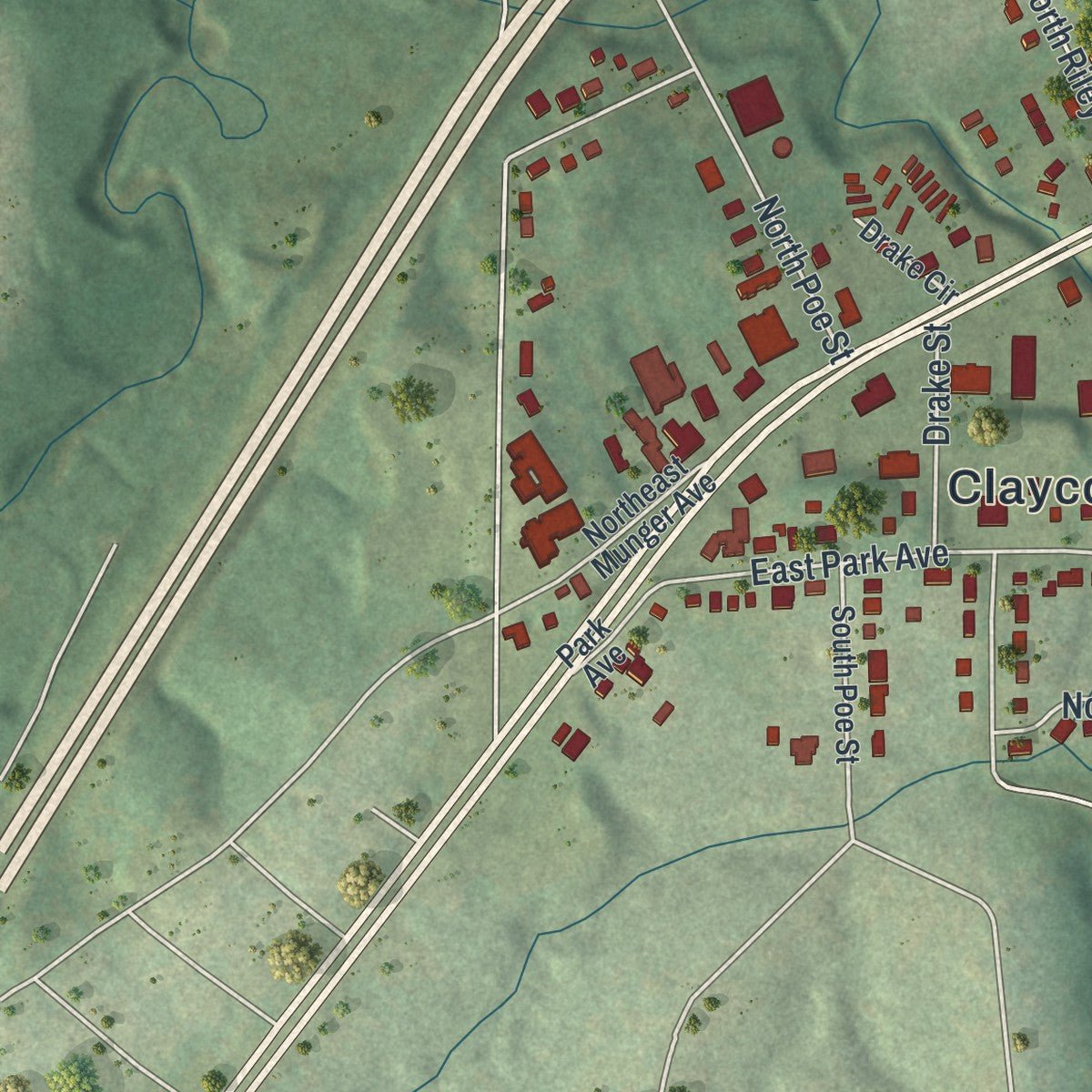 Second close-up of the map of Claycomo, Missouri print showing more streets and buildings