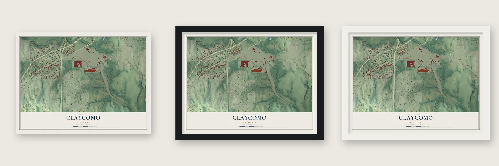 Claycomo, Missouri map unframed, in a black wood frame and in a white wood frame