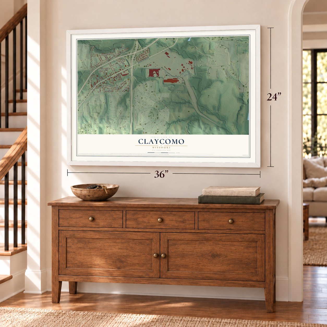 Claycomo, Missouri map, 24 x 36 inch print in a white frame above a dresser by a staircase
