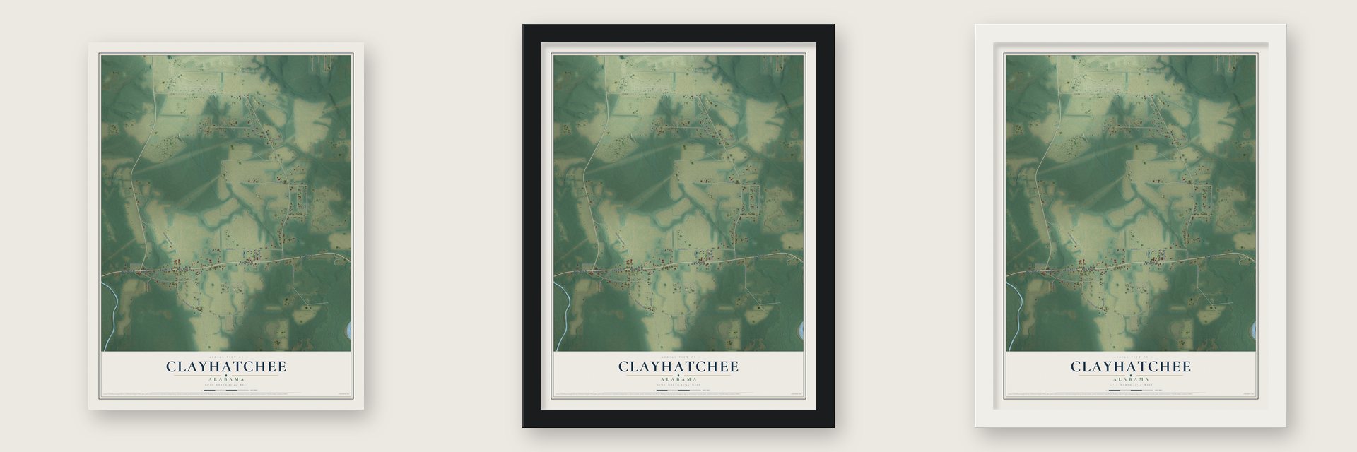 Clayhatchee, Alabama map unframed, in a black wood frame and in a white wood frame