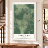 Clayhatchee, Alabama map, 24 x 36 inch print in a white frame by a staircase
