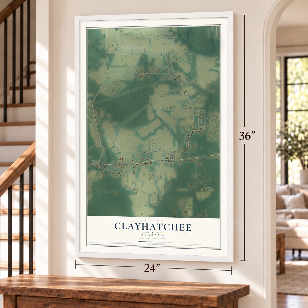 Clayhatchee, Alabama map, 24 x 36 inch print in a white frame by a staircase