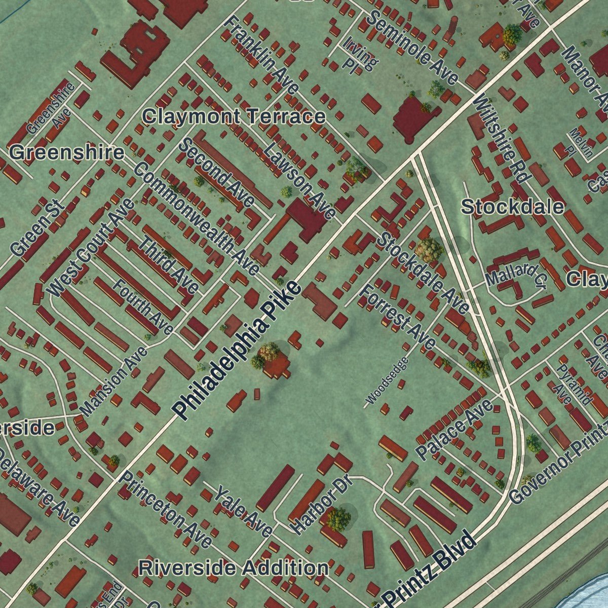 Second close-up of the map of Claymont, Delaware print showing more streets and buildings