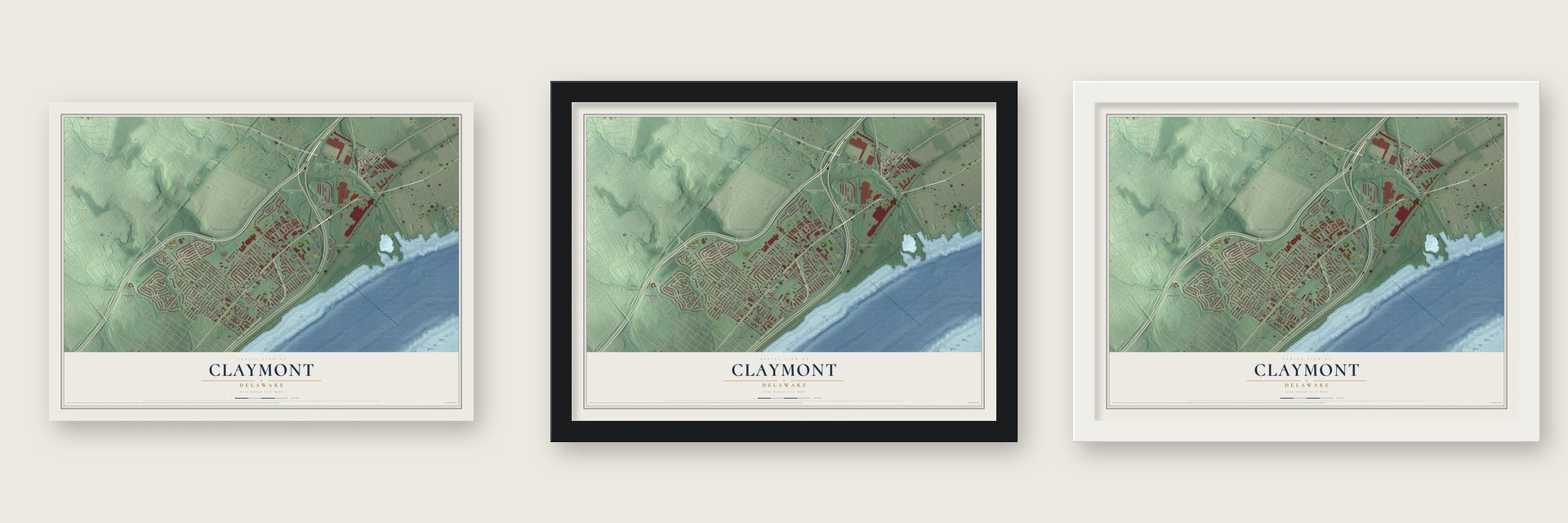 Claymont, Delaware map unframed, in a black wood frame and in a white wood frame