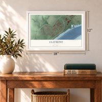 Claymont, Delaware map, 12 x 18 inch print in a white frame in an entryway