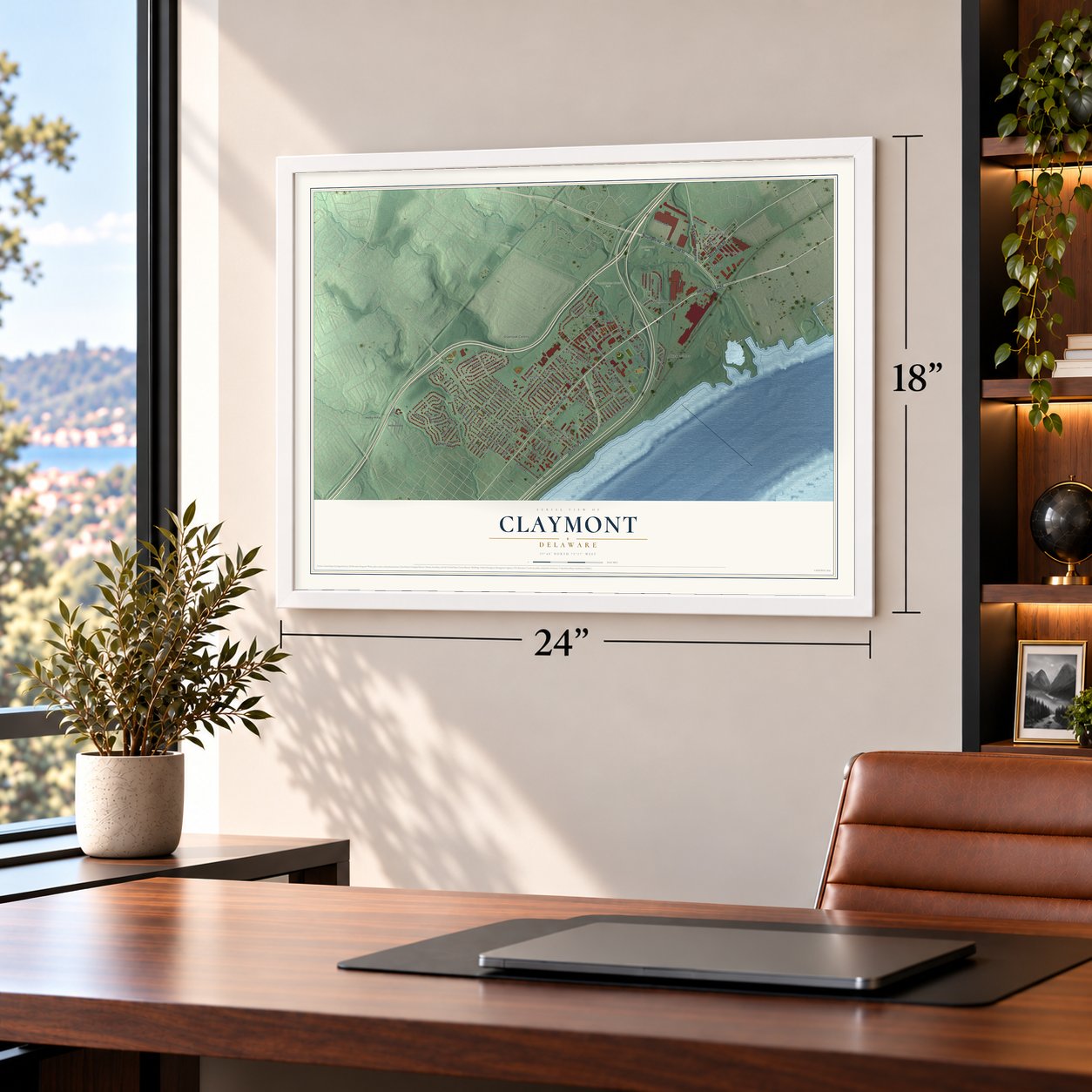 Claymont, Delaware map, 18 x 24 inch print in a white frame in a home office