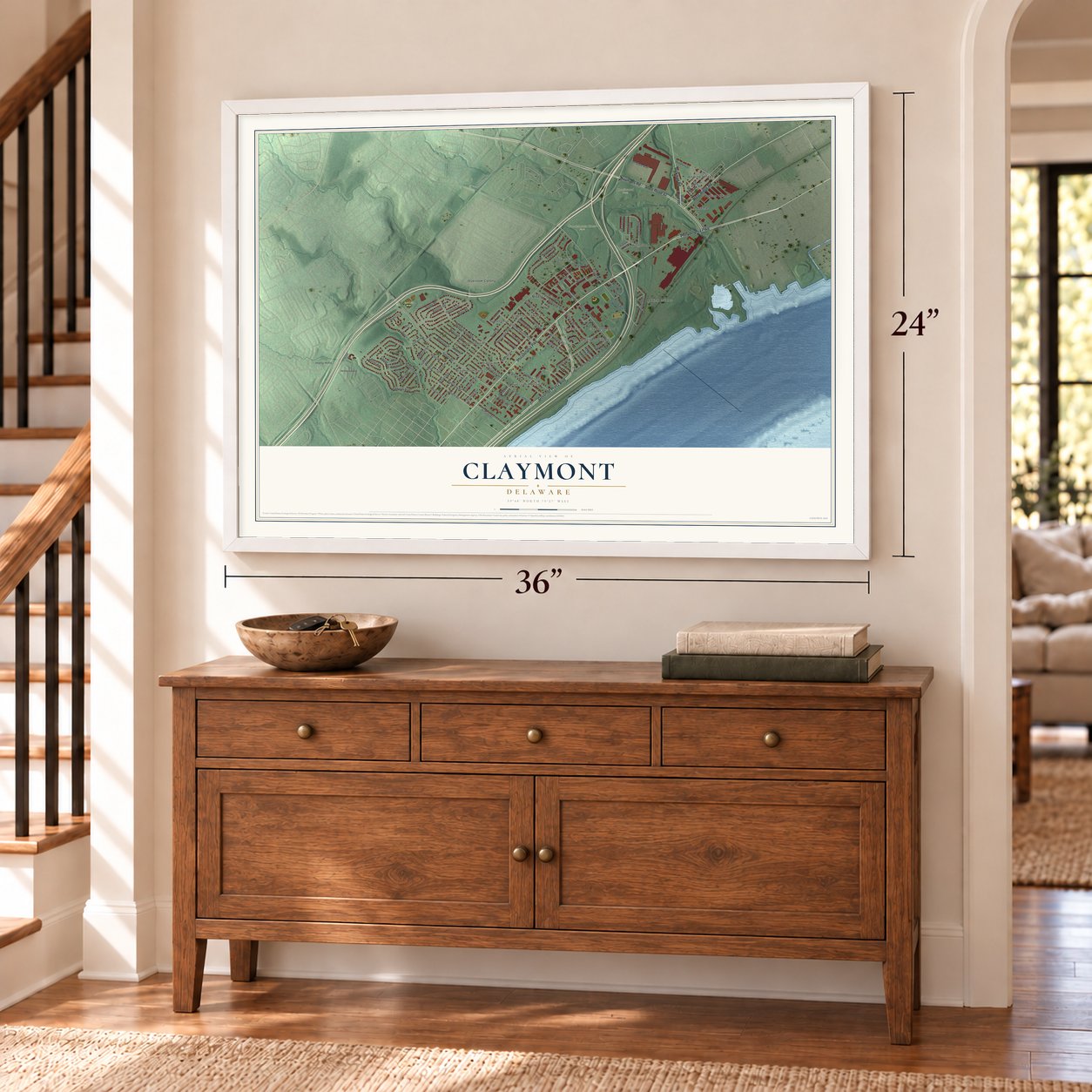 Claymont, Delaware map, 24 x 36 inch print in a white frame above a dresser by a staircase