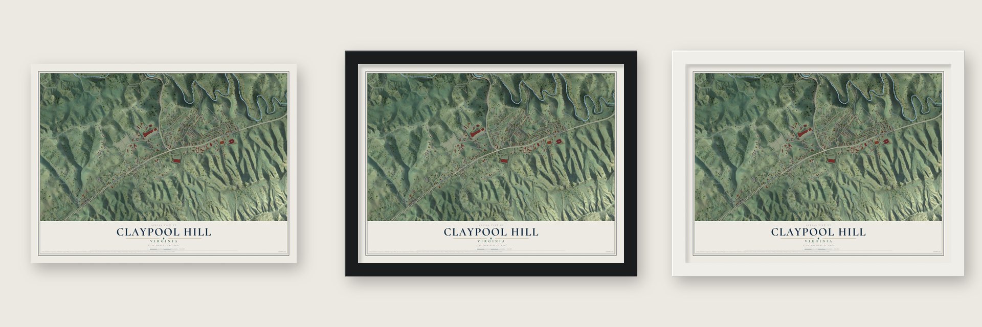 Claypool Hill, Virginia map unframed, in a black wood frame and in a white wood frame