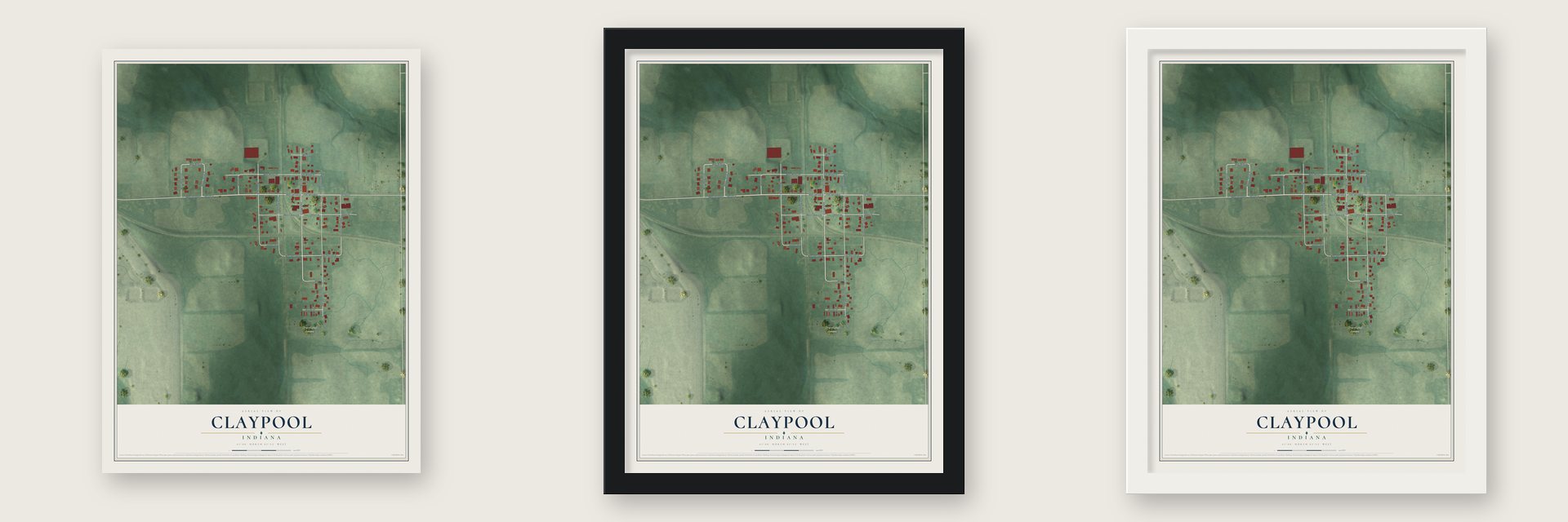 Claypool, Indiana map unframed, in a black wood frame and in a white wood frame