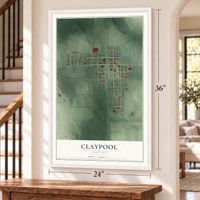 Claypool, Indiana map, 24 x 36 inch print in a white frame by a staircase