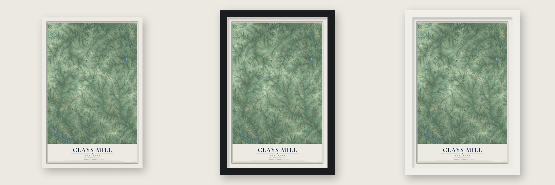 Clays Mill, Virginia map unframed, in a black wood frame and in a white wood frame