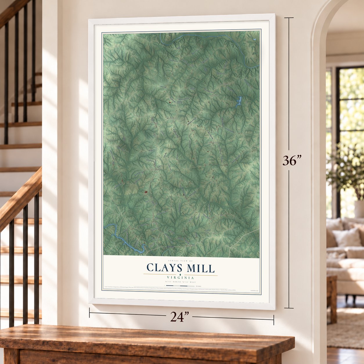 Clays Mill, Virginia map, 24 x 36 inch print in a white frame by a staircase