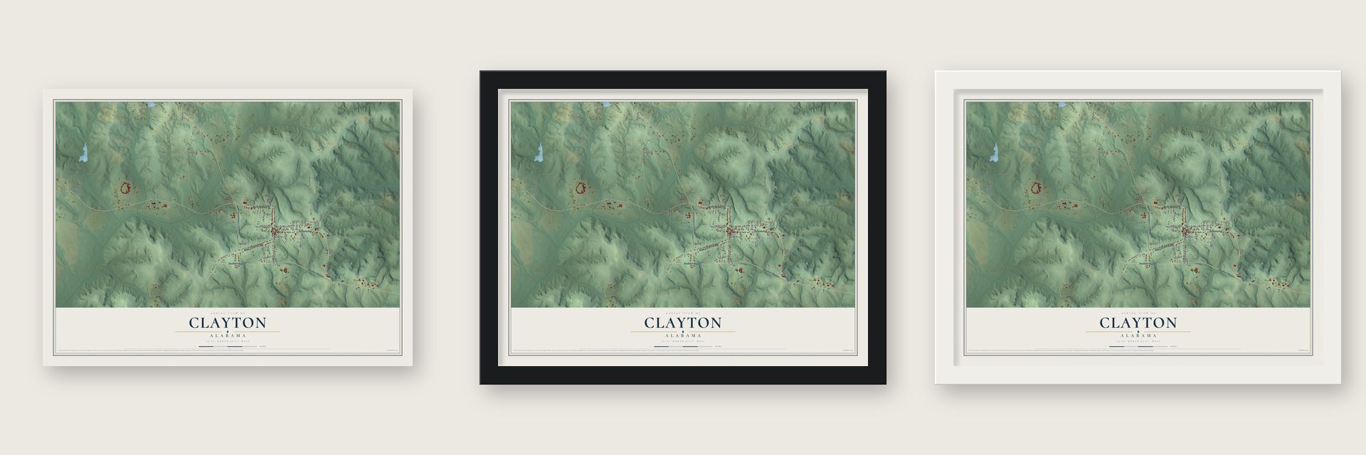 Clayton, Alabama map unframed, in a black wood frame and in a white wood frame