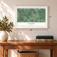 Clayton, Alabama map, 12 x 18 inch print in a white frame in an entryway
