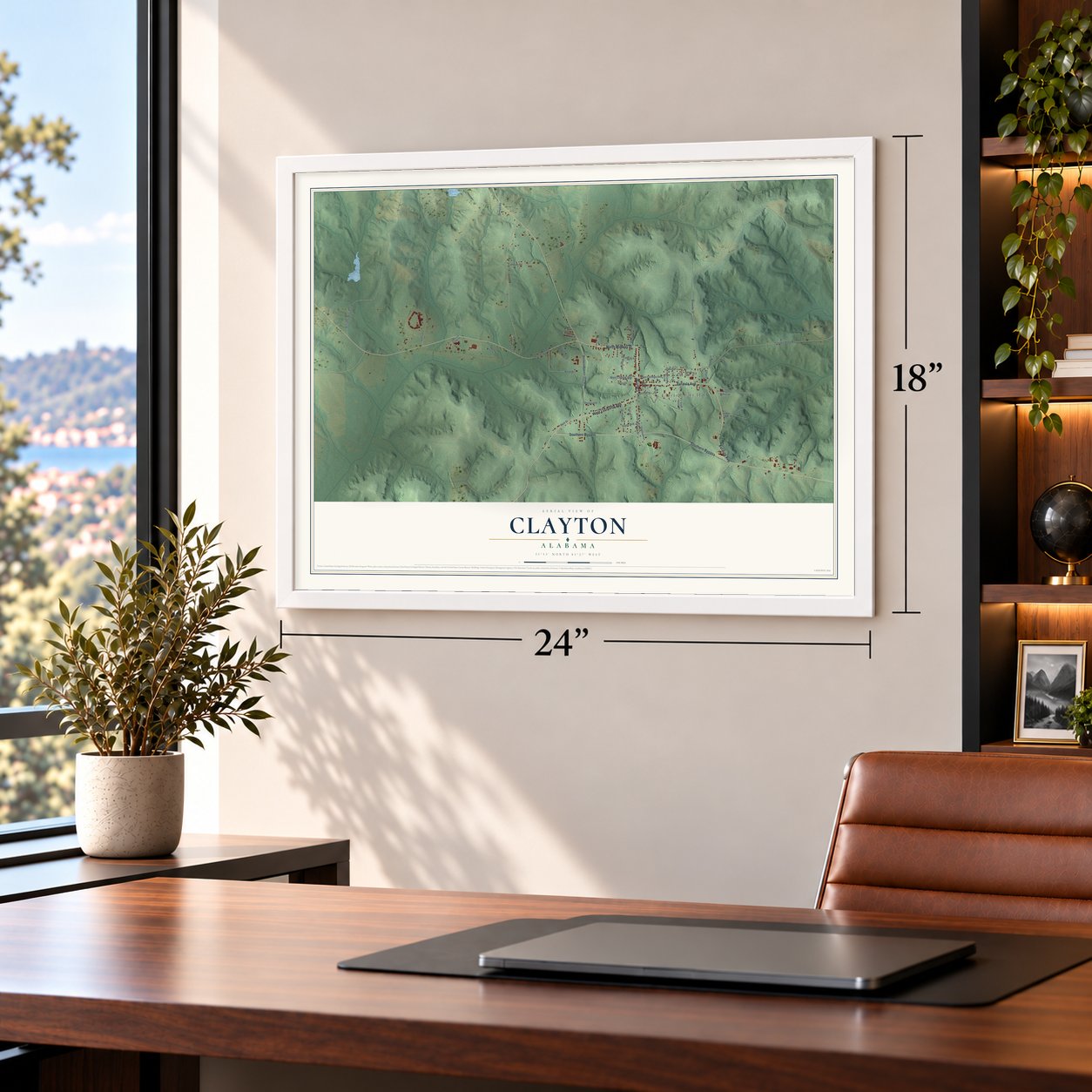 Clayton, Alabama map, 18 x 24 inch print in a white frame in a home office