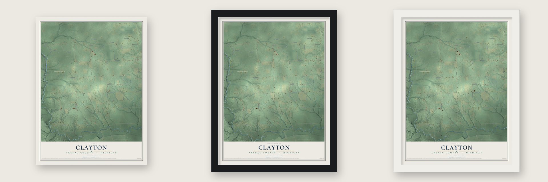 Clayton, Arenac County, Michigan map unframed, in a black wood frame and in a white wood frame