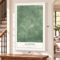 Clayton, Arenac County, Michigan map, 24 x 36 inch print in a white frame by a staircase