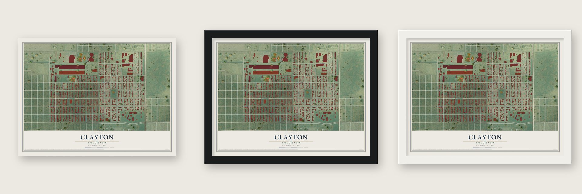 Clayton, Colorado map unframed, in a black wood frame and in a white wood frame