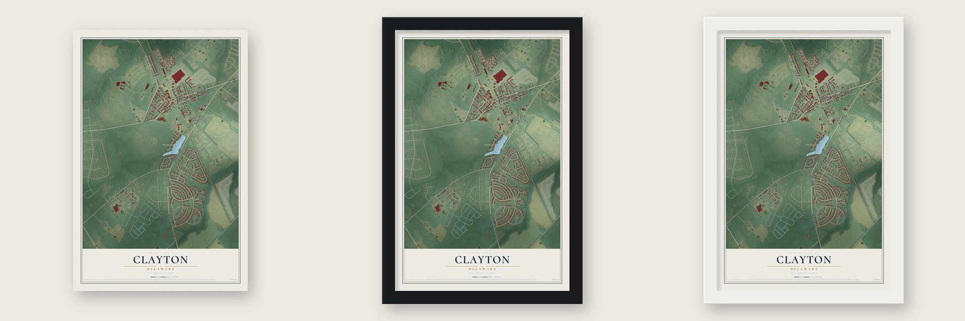 Clayton, Delaware map unframed, in a black wood frame and in a white wood frame