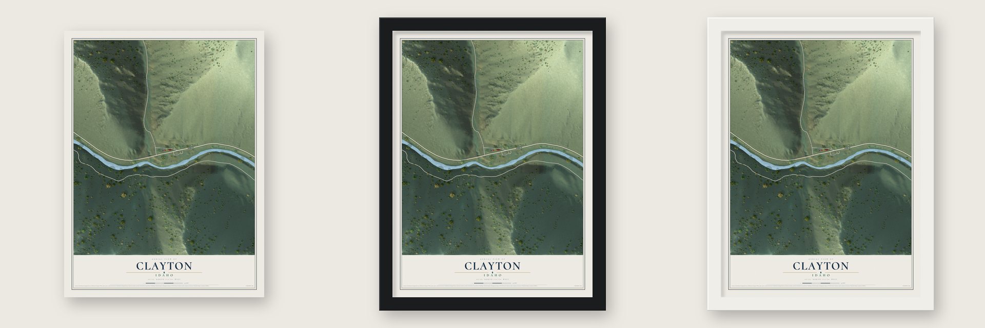 Clayton, Idaho map unframed, in a black wood frame and in a white wood frame