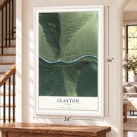 Clayton, Idaho map, 24 x 36 inch print in a white frame by a staircase