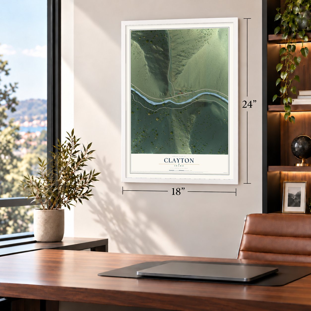 Clayton, Idaho map, 18 x 24 inch print in a white frame in a home office