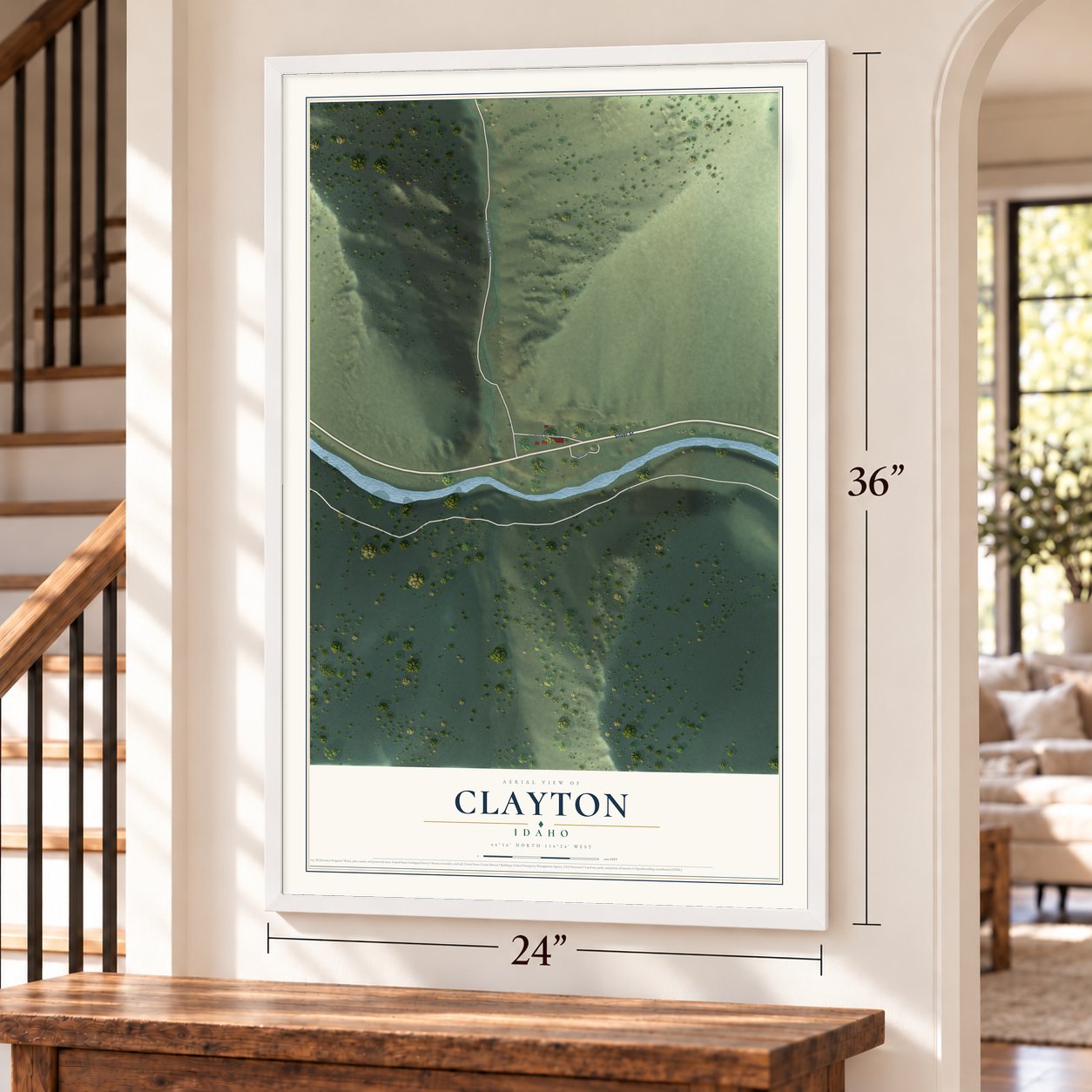 Clayton, Idaho map, 24 x 36 inch print in a white frame by a staircase