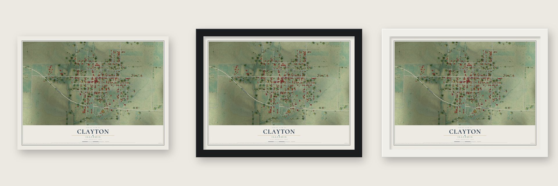 Clayton, Illinois map unframed, in a black wood frame and in a white wood frame