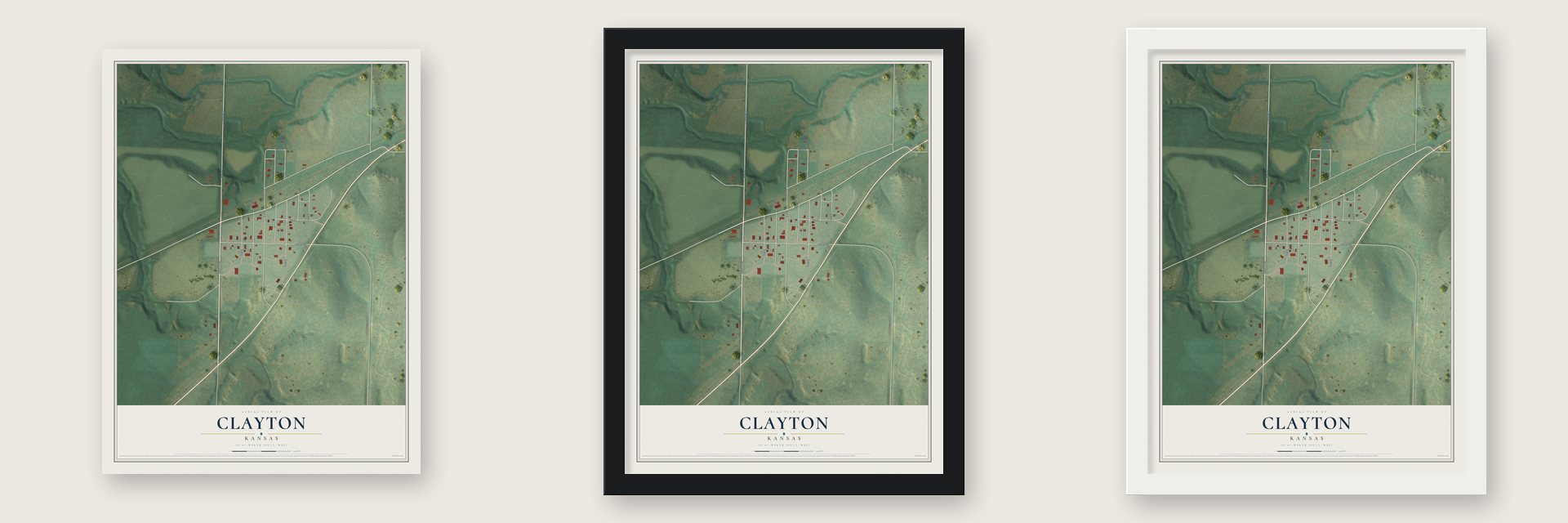 Clayton, Kansas map unframed, in a black wood frame and in a white wood frame