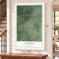 Clayton, Kansas map, 24 x 36 inch print in a white frame by a staircase