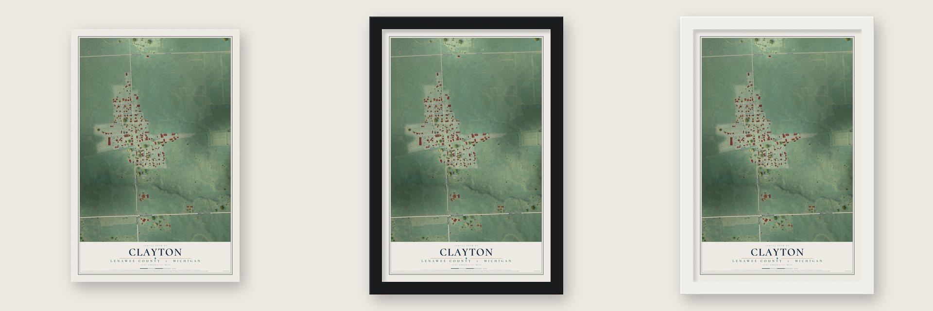 Clayton, Lenawee County, Michigan map unframed, in a black wood frame and in a white wood frame
