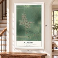 Clayton, Lenawee County, Michigan map, 24 x 36 inch print in a white frame by a staircase
