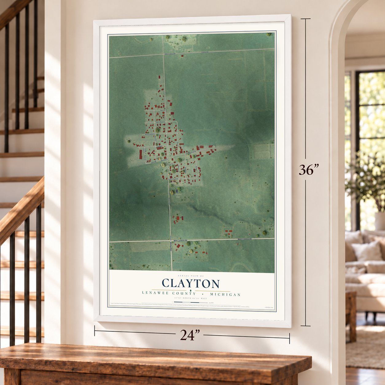 Clayton, Lenawee County, Michigan map, 24 x 36 inch print in a white frame by a staircase