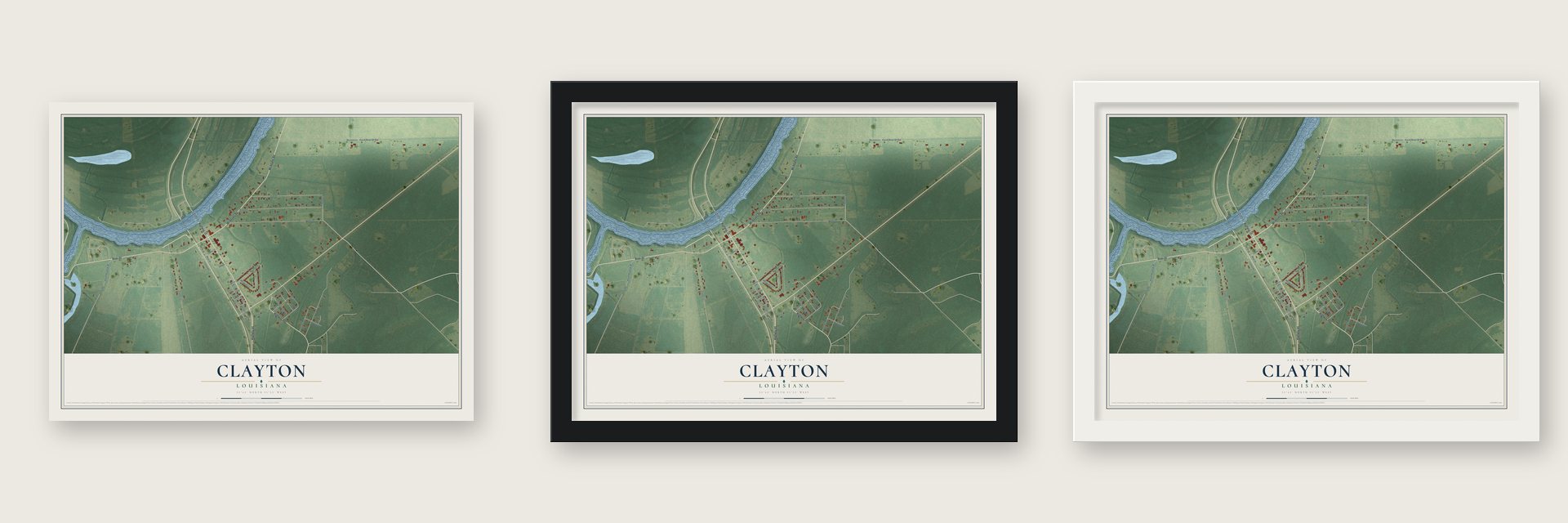 Clayton, Louisiana map unframed, in a black wood frame and in a white wood frame