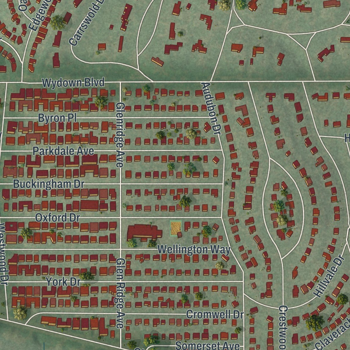Second close-up of the map of Clayton, Missouri print showing more streets and buildings