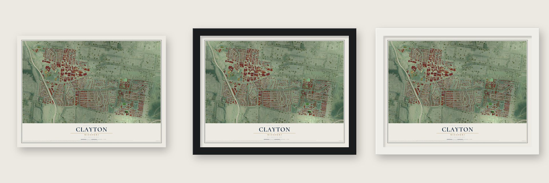 Clayton, Missouri map unframed, in a black wood frame and in a white wood frame