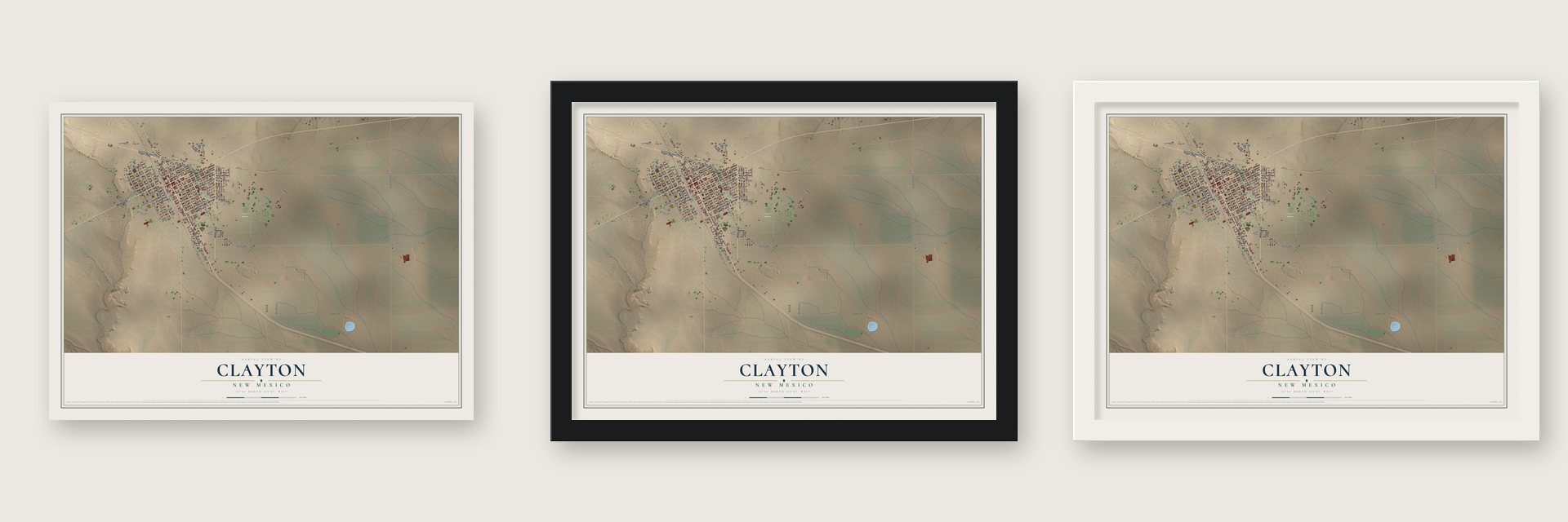 Clayton, New Mexico map unframed, in a black wood frame and in a white wood frame