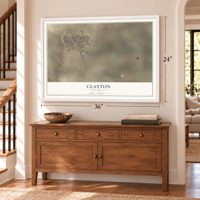 Clayton, New Mexico map, 24 x 36 inch print in a white frame above a dresser by a staircase