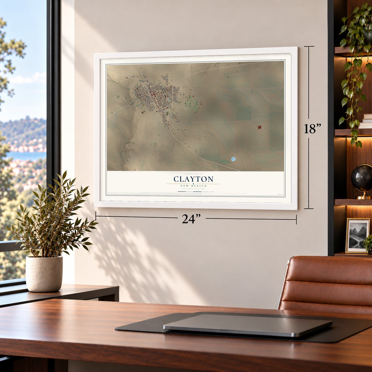 Clayton, New Mexico map, 18 x 24 inch print in a white frame in a home office