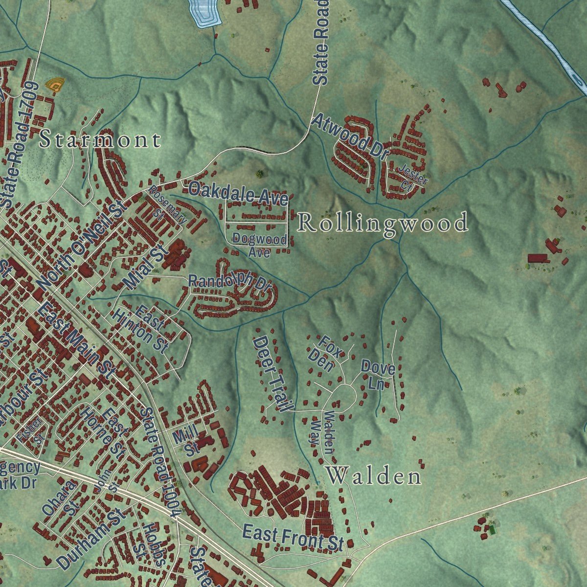 Second close-up of the map of Clayton, North Carolina print showing more streets and buildings