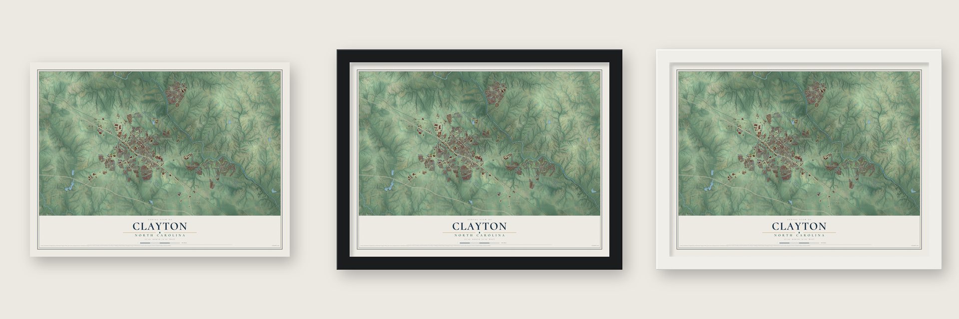 Clayton, North Carolina map unframed, in a black wood frame and in a white wood frame