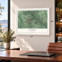 Clayton, North Carolina map, 18 x 24 inch print in a white frame in a home office
