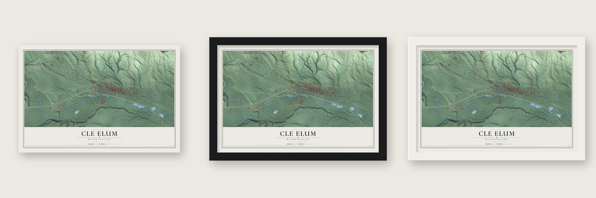 Cle Elum, Washington map unframed, in a black wood frame and in a white wood frame