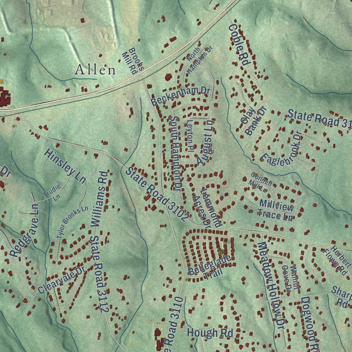 Second close-up of the map of Clear Creek, North Carolina print showing more streets and buildings