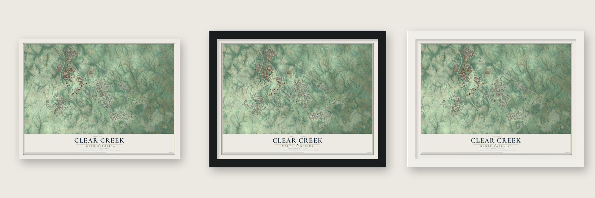 Clear Creek, North Carolina map unframed, in a black wood frame and in a white wood frame